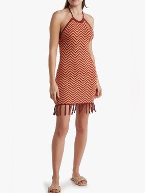 Lush Crochet Knit Halter Mini Dress Fringe Hem Boho Festival Size S
